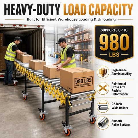 Adjustable Roller Stand For Conveyor With Locking Wheels Supports Up To 980 Lbs used for loading boxes in a warehouse.