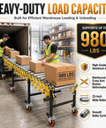 Tough As Nails Adjustable Conveyor Roller With 980 Lbs Capacity 25 Inch Wide Belt Modular Turning Layout Flexible Footprint For Smooth Heavy Lifts Workshop Setup And Easy Glide, featuring two workers loading boxes.