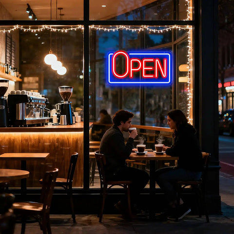 22 Inch LED Neon Open Sign For Storefront Windows, Bright Blue And Red Open Sign To Light Up Your Biz Hours