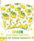 Three Pack Lemon Tablecloths Outdoor Waterproof Rectangle Cover For Indoor And Outdoor Use 54 By 108 Inches Oil Proof Summer Party Kitchen Dining Picnic Barbecue Patio displayed with lemon pattern and text highlighting quality.