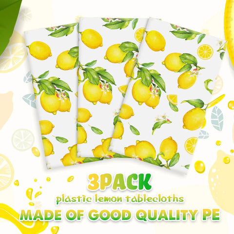 Three Pack Lemon Tablecloths Outdoor Waterproof Rectangle Cover For Indoor And Outdoor Use 54 By 108 Inches Oil Proof Summer Party Kitchen Dining Picnic Barbecue Patio displayed with lemon pattern and text highlighting quality.