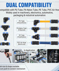 70 Piece Quick Connect Air Hose Fitting Assortment Set Includes Straight Elbow Tee Splitter And Reducer Push To Connect Pneumatic Plastic Air Line Connector Kit Perfect Tool For Machinery And Automotive Gear. Dual compatibility for PU, PA, PE, and PVC hoses.