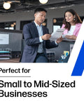 Business professionals reviewing documents in an office, promoting a solution perfect for small to mid-sized businesses.