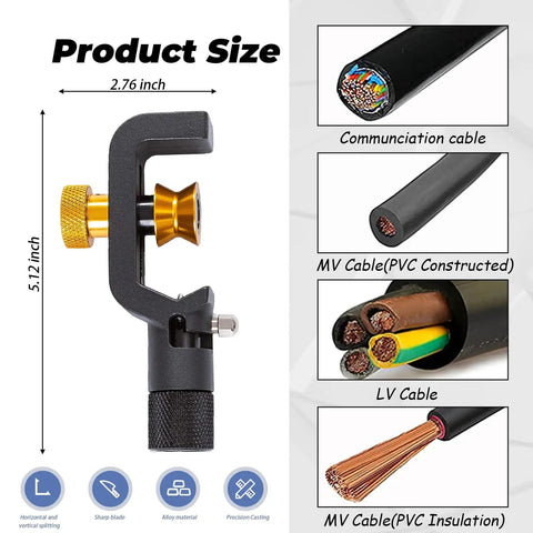 Pro Grade Armored Cable Stripper 8-28mm Coax And Fiber Optic Wire Cutter next to cable types and sizes chart with dimensions.