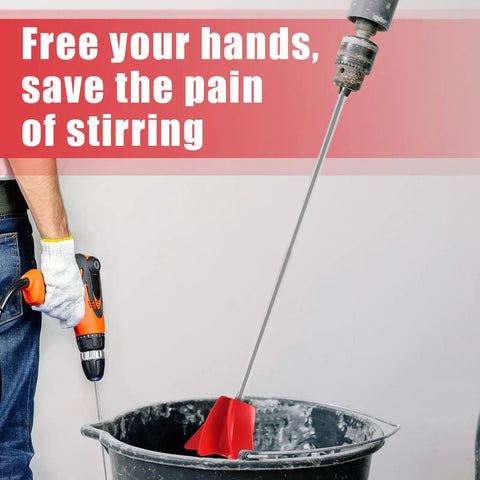 Three Pack 11 Inch Helix Paint Stirrer For Drill Easy Epoxy Concrete Resin And Paint Mixer Attachment in use with drill and bucket.