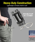 Heavy Duty Magnetic Tool Belt Holster With Hammer Loop Belt Clip attached to pants showing size compatibility up to 1.75 inch