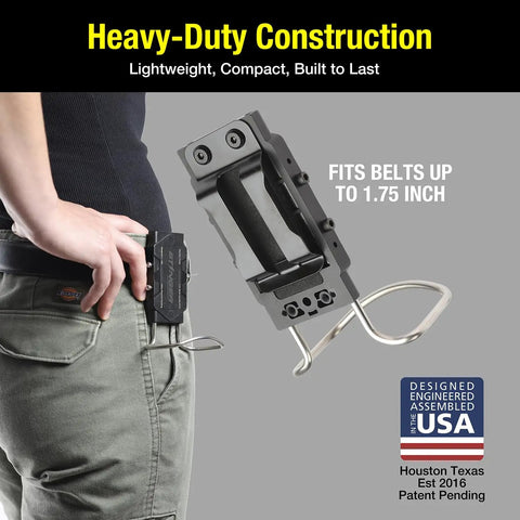 Heavy Duty Magnetic Tool Belt Holster With Hammer Loop Belt Clip attached to pants showing size compatibility up to 1.75 inch