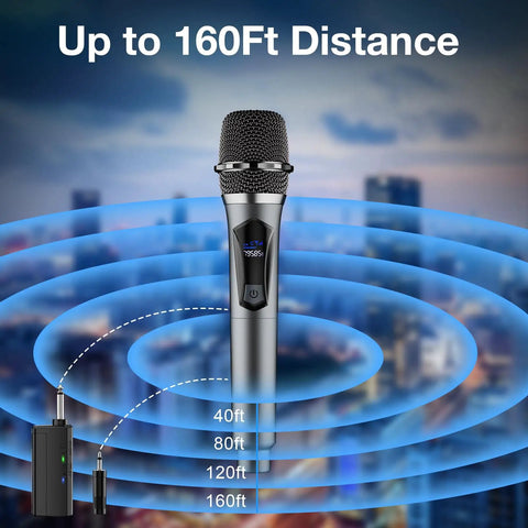 Dual Handheld Wireless Karaoke Microphone Set With Rechargeable Receiver highlighting 160ft wireless range and cityscape backdrop