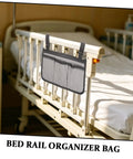 Must Have Bedside Organizer Bag With Four Pockets And Cup Holder, Universal Bed Rail Caddy With Zipper Phone Pouch on bed
