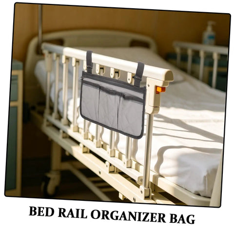 Must Have Bedside Organizer Bag With Four Pockets And Cup Holder, Universal Bed Rail Caddy With Zipper Phone Pouch on bed