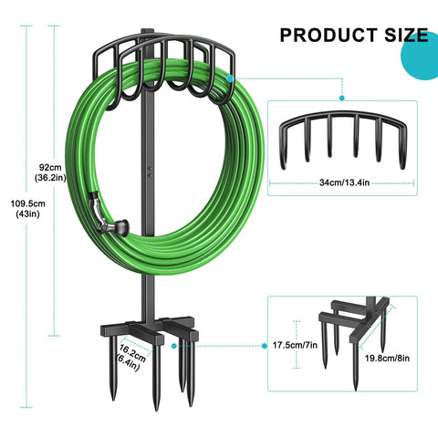Detachable Metal Garden Hose Holder Stand with Upgraded Four Spike Design Heavy Duty Freestanding Hose Reel Rack and Outdoor Hose Storage