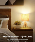 Boho Wood Tripod Table Lamp With Linen Fabric Shade For Nightstand Or Bedside Use Cozy Warm Glow For Living Room Bedroom Nursery Or Kids Room Fourteen Point Two Inch Tall With Simple On Off Switch