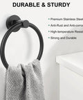 Matte Black Wall Towel Holder And Ring - Stainless Steel Heavy Duty Hand Towel Bar, installed with a gray towel in a bathroom setting.