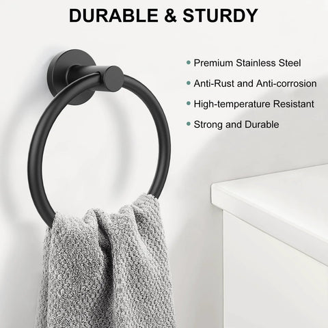Matte Black Wall Towel Holder And Ring - Stainless Steel Heavy Duty Hand Towel Bar, installed with a gray towel in a bathroom setting.