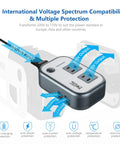 Travel Voltage Converter 220V To 110V With 4 USB Ports And Worldwide Plug Kit For Hair Straighteners display with arrows
