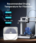 Filament Dryer And Storage Box With Built In Circulation Fan For 3D Printer Filaments on desk, 3D printer and robot model beside.