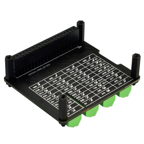 Raspberry Pi GPIO Status LED and Terminal Block Breakout Board HAT, black PCB with green terminal blocks for 2x20 header