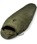 Olive green 3-Season Mummy Sleeping Bag For Camping, Hiking, And Backpacking With Water-Repellent Shell, laid flat