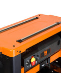 Close-up of Garage Ready Spiral Benchtop Thickness Planer control panel and adjustment knobs with orange and black finish.