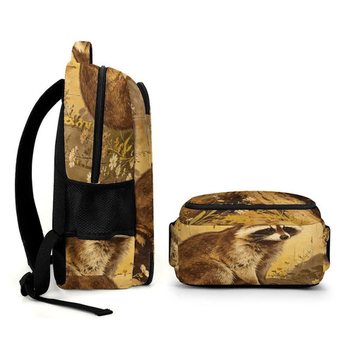 Side and top view of Raccoon Printed Unisex Backpack With Large Capacity, Durable Polyester Daypack, show raccoon design and zippers