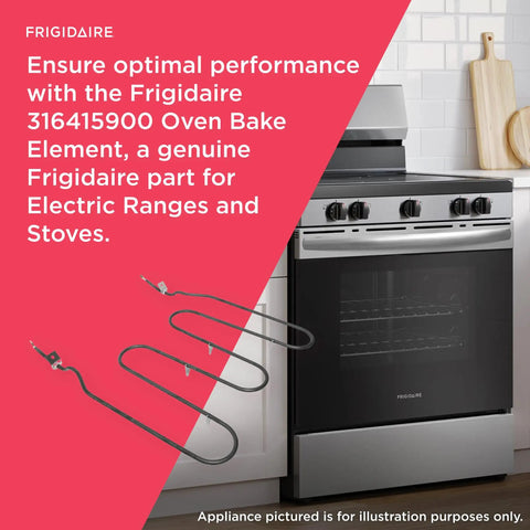 316415900 Oven Bake Element For Electric Ranges And Stoves displayed in a modern kitchen setting with Frigidaire branding.
