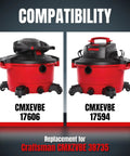 Heavy Duty Two Pack Shop Vacuum Filter Bags Compatible With 12 Gallon Craftsman Wet Dry Vacs shown with model numbers CMXEVBE 17606 and 17594.