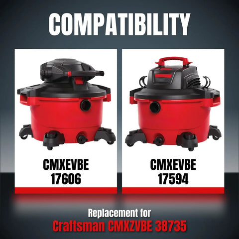 Heavy Duty Two Pack Shop Vacuum Filter Bags Compatible With 12 Gallon Craftsman Wet Dry Vacs shown with model numbers CMXEVBE 17606 and 17594.