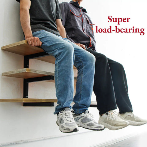 Two men sitting on Beefy Heavy Duty Wall Mounted Lumber Rack With Six Levels Holds Up To 1200 Lbs Ideal For Garage, Workshop Or Shed