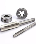 EFFICERE metal tap and die set components: two round dies and two threading taps in steel.