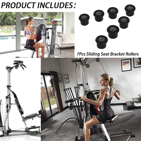 Replacement Sliding Seat Bracket Rollers for Bowflex gym seats compatible with Blaze Classic Elite models, shown in use and close-up.