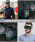Pro Grade Flip Up Welding Safety Glasses With Anti Glare Polycarbonate Lens And Ventilated Shield worn by a worker and displayed on a rock.
