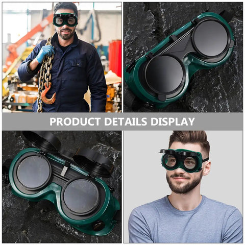 Pro Grade Flip Up Welding Safety Glasses With Anti Glare Polycarbonate Lens And Ventilated Shield worn by a worker and displayed on a rock.