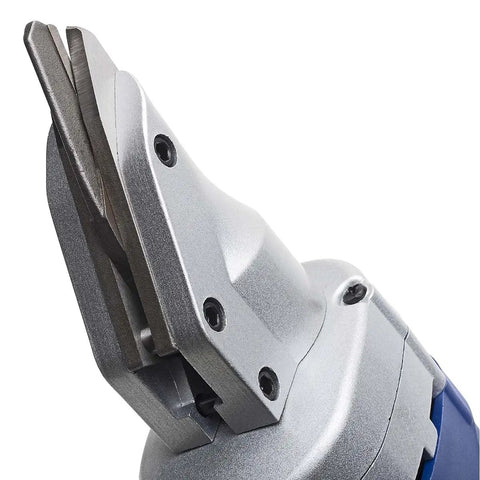 Close-up of Heavy Duty Electric Metal Cutting Shears With Rotating Jaws Variable Speed 0 To 2500 Rpm cutting head designed for 18 gauge steel.