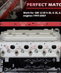 Manifold drill template for GM LS engines (4.8L/5.3L/6.0L), red aluminum, 71400, removes broken exhaust bolts, front view