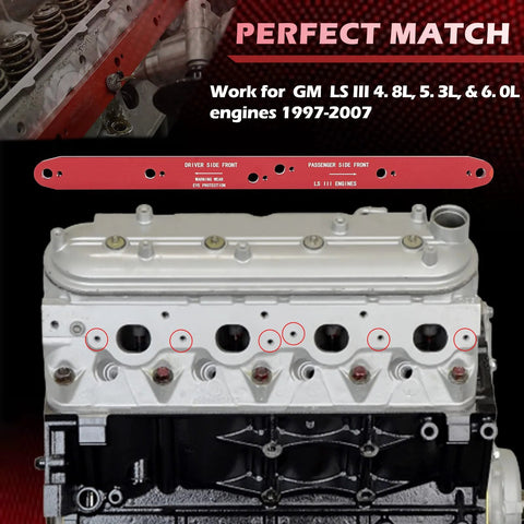 Manifold drill template for GM LS engines (4.8L/5.3L/6.0L), red aluminum, 71400, removes broken exhaust bolts, front view