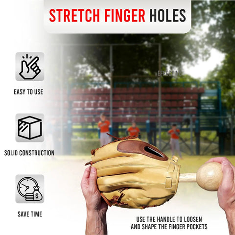 Using Glove Break In Kit With Mallet And Wrap Bundle 3 Piece Set Black to stretch glove finger holes on a baseball field.
