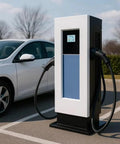 High Power 120KW DC Fast EV Charger For Commercial Use With Dual CCS Connectors Level 3 Charging Station For Highway Service Areas And Fleet Charging For Modern Fleets next to car in parking lot