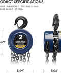ATR9020UR 2 Ton Manual Hand Lift Chain Block Hoist with 2 heavy duty hooks, precise load brake, and steel chain, blue