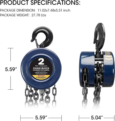 ATR9020UR 2 Ton Manual Hand Lift Chain Block Hoist with 2 heavy duty hooks, precise load brake, and steel chain, blue