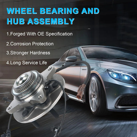 4WD Front Wheel Bearing Hub Assembly 6 Lugs With ABS Fits 2018 2019 2020 2021 Ford Expedition And Lincoln Navigator 3.5L 4WD Replacement OE WA515181 HA590795 HUB434 shown next to a car with features listed.