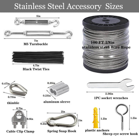 Stainless steel accessory sizes in 1/8 Inch Stainless Steel Wire Rope Kit with 100 ft Vinyl Coated Cable, including turnbuckles and thimbles.