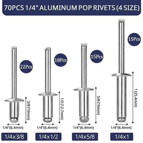 70-Piece 1/4 Inch Pop Rivets Assortment Kit With Aluminum Dome Head Blind Rivets For Metal, 4 Sizes, front view display