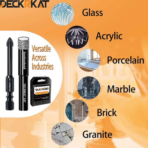 DECKRKAT 7-piece dry diamond drill bit set for tile and masonry; front view shows two black bits and a carrying case.