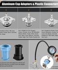 No Sweat Radiator Pressure Tester Kit Featuring 18 Premium Adapters. Aluminum cap adapters and connectors for leak testing.