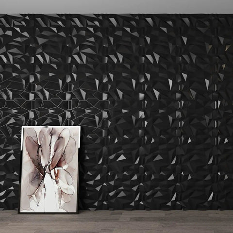 Matte black wall with 12 Pack 3D Diamond Wall Panels Matte Black PVC Cladding For Indoor Walls, artwork leaning on floor