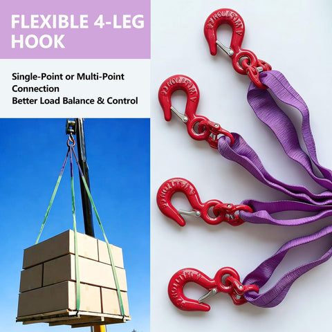 Four-leg bridle web sling kit lifting boxes with flexible hooks, 6.6 Ft Four Leg Bridle Web Sling Kit 6600 Lb Polyester Lifting Sling
