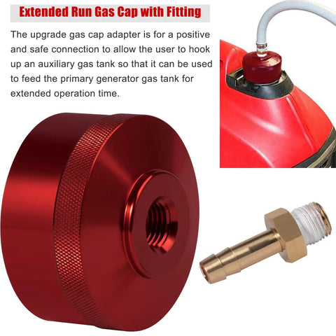 Extended Run Fuel Cap, No Mess Oil Change Funnel And Magnetic Dipstick In Red Aluminum For EU1000i EU2000i EU3000i Handi Generators Four Pack, Durable CNC Billet Aluminum Build with fitting and generator tank connection.