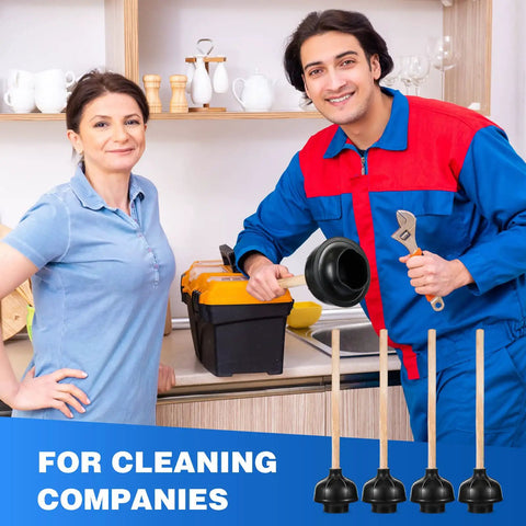 Heavy Duty Wood Handle Black Toilet Plungers Bulk Pack Of 10 Built Tough Rubber Cups displayed in a professional cleaning environment.