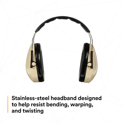 Optime 95 Over The Head Earmuffs For Real Hearing Protection With 21 DB NRR These Bad Boys Cut Down Noise In Machine Shops And For Power Tools Beige Tone with stainless-steel headband.