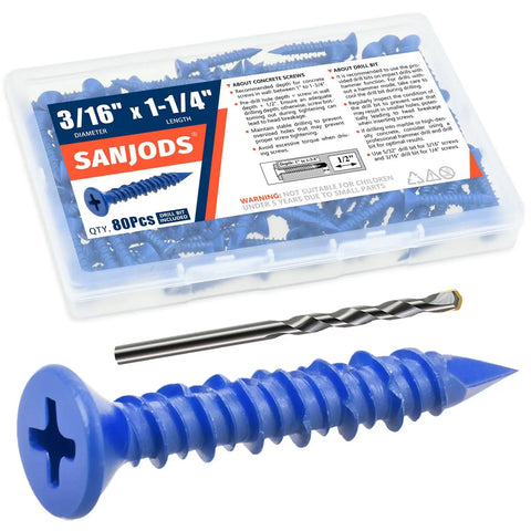 3/16 By 1-1/4 Concrete Screws With 5/32 Drill Bit, Flat Head Masonry Anchors For Brick, Block, Cement Or Stucco, Blue Coated, Pack Of 80
